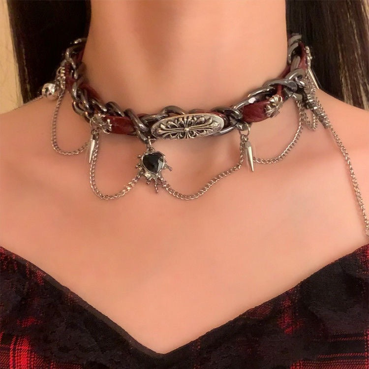 Subculture Metal Embossed Leather Necklaces