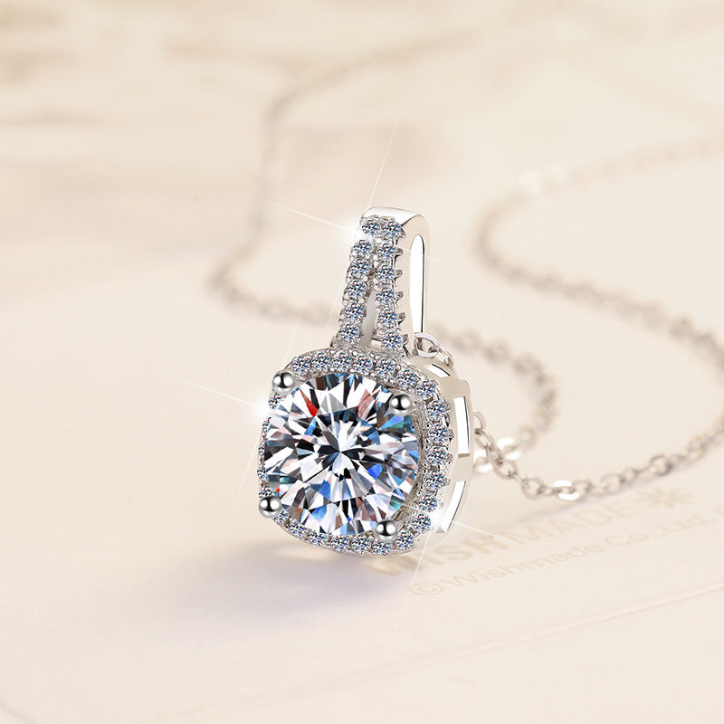 925 Silver Geometric Sugar Cube Moissanite Collarbone Chain Pendant