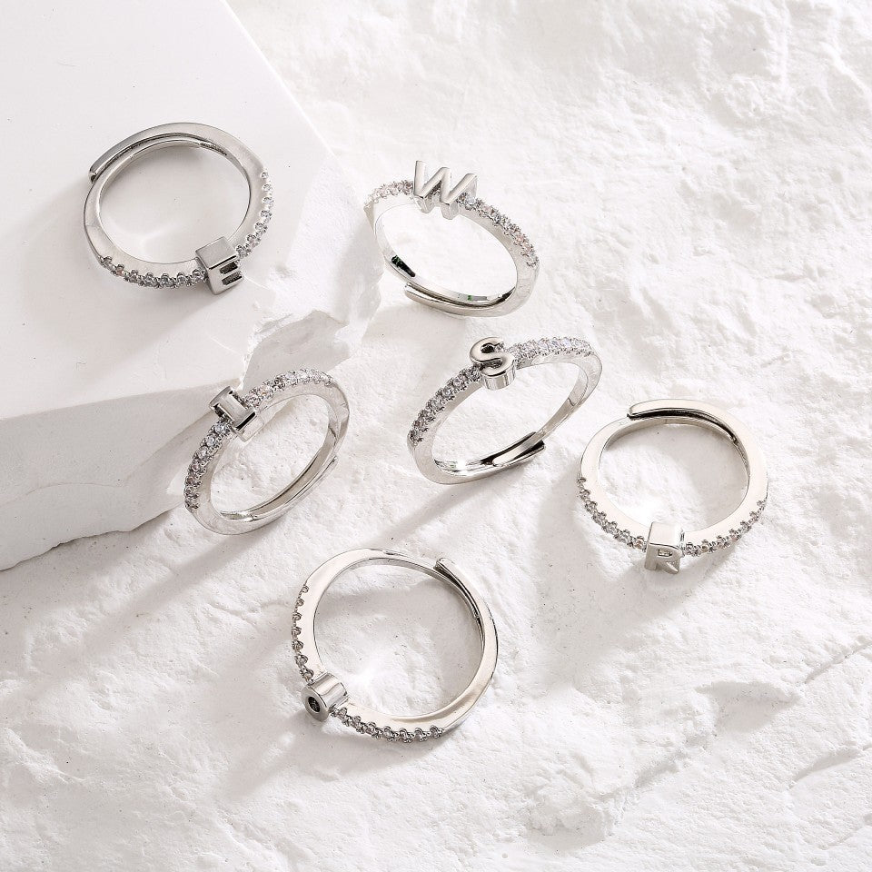 New Micro inlaid Letter Ring 26 English Letter Zircon Index Finger Ring with Adjustable Opening