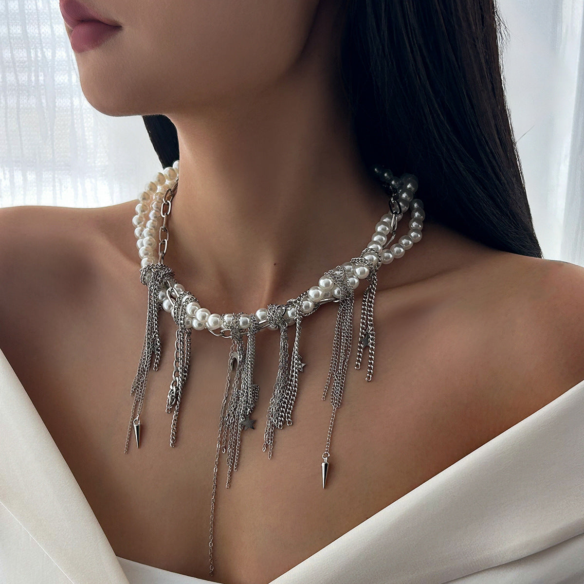 Cold Wind Love Pearl Pendant Necklace Personalized Tassel Alloy Chain