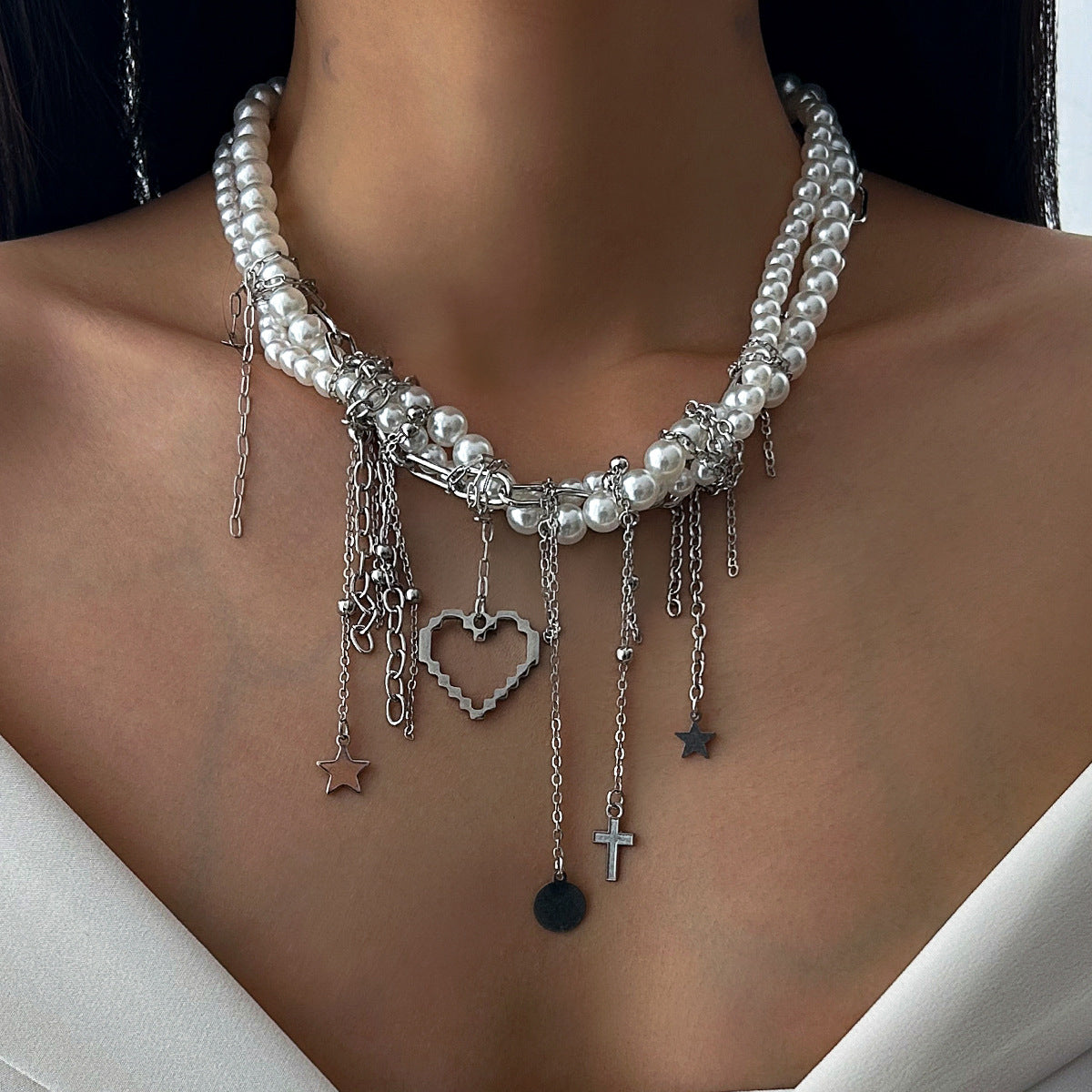 Cold Wind Love Pearl Pendant Necklace Personalized Tassel Alloy Chain