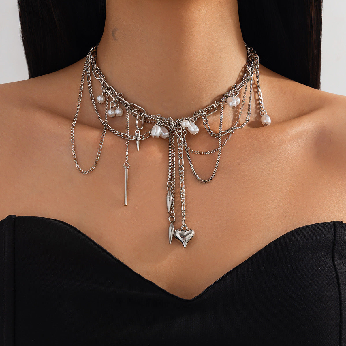 Cold Wind Love Pearl Pendant Necklace Personalized Tassel Alloy Chain