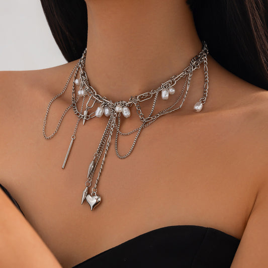 Cold Wind Love Pearl Pendant Necklace Personalized Tassel Alloy Chain