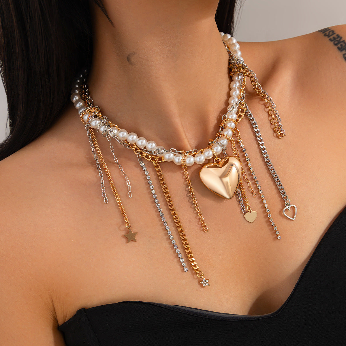Cold Wind Love Pearl Pendant Necklace Personalized Tassel Alloy Chain