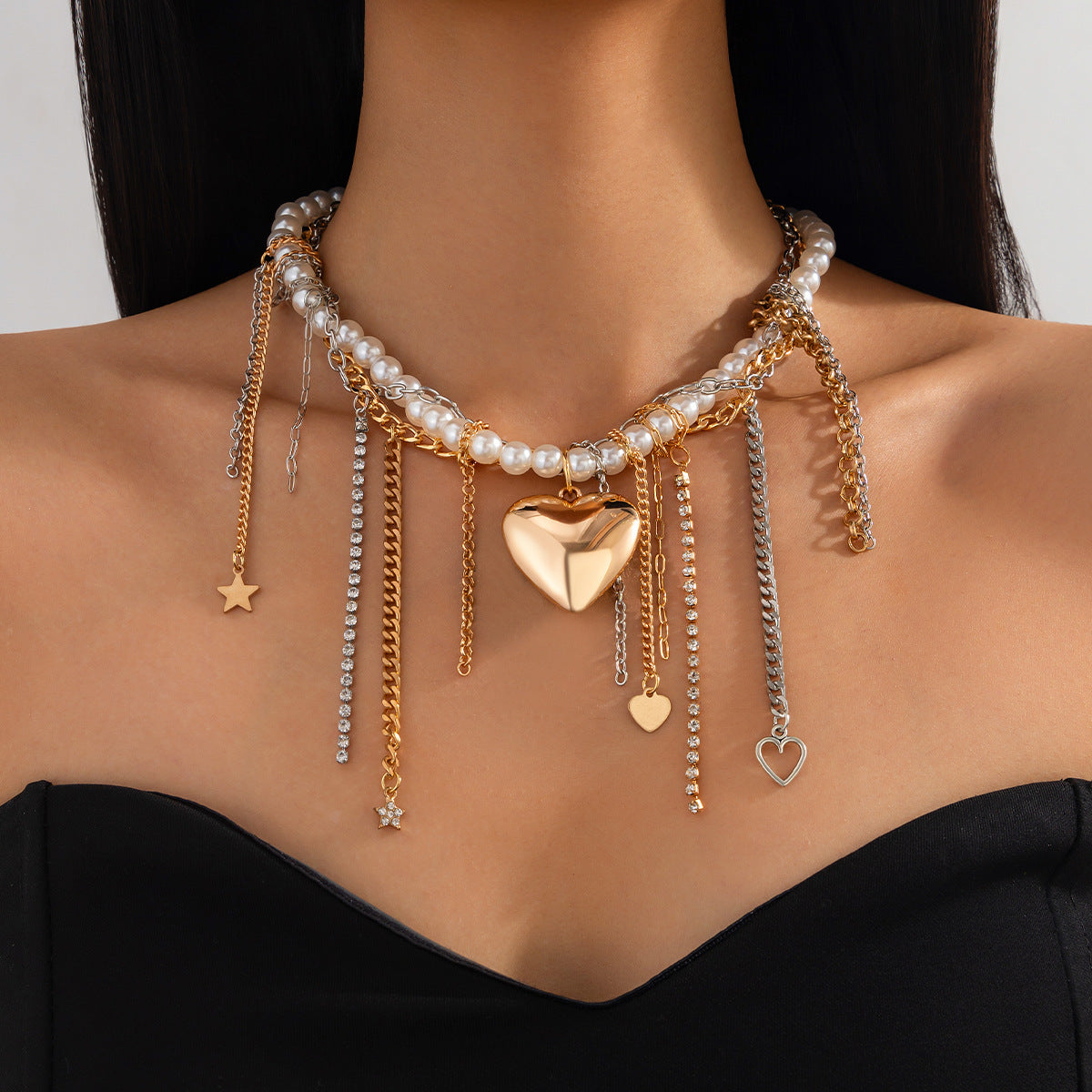 Cold Wind Love Pearl Pendant Necklace Personalized Tassel Alloy Chain