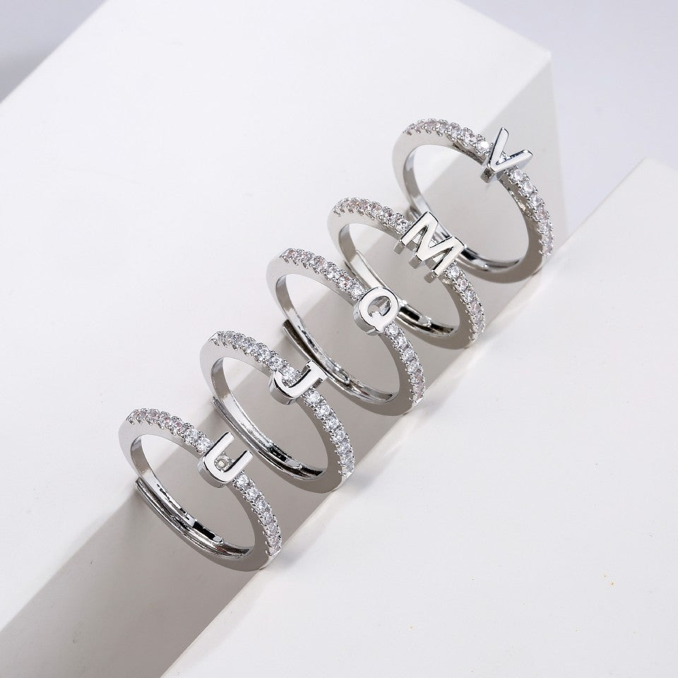 New Micro inlaid Letter Ring 26 English Letter Zircon Index Finger Ring with Adjustable Opening