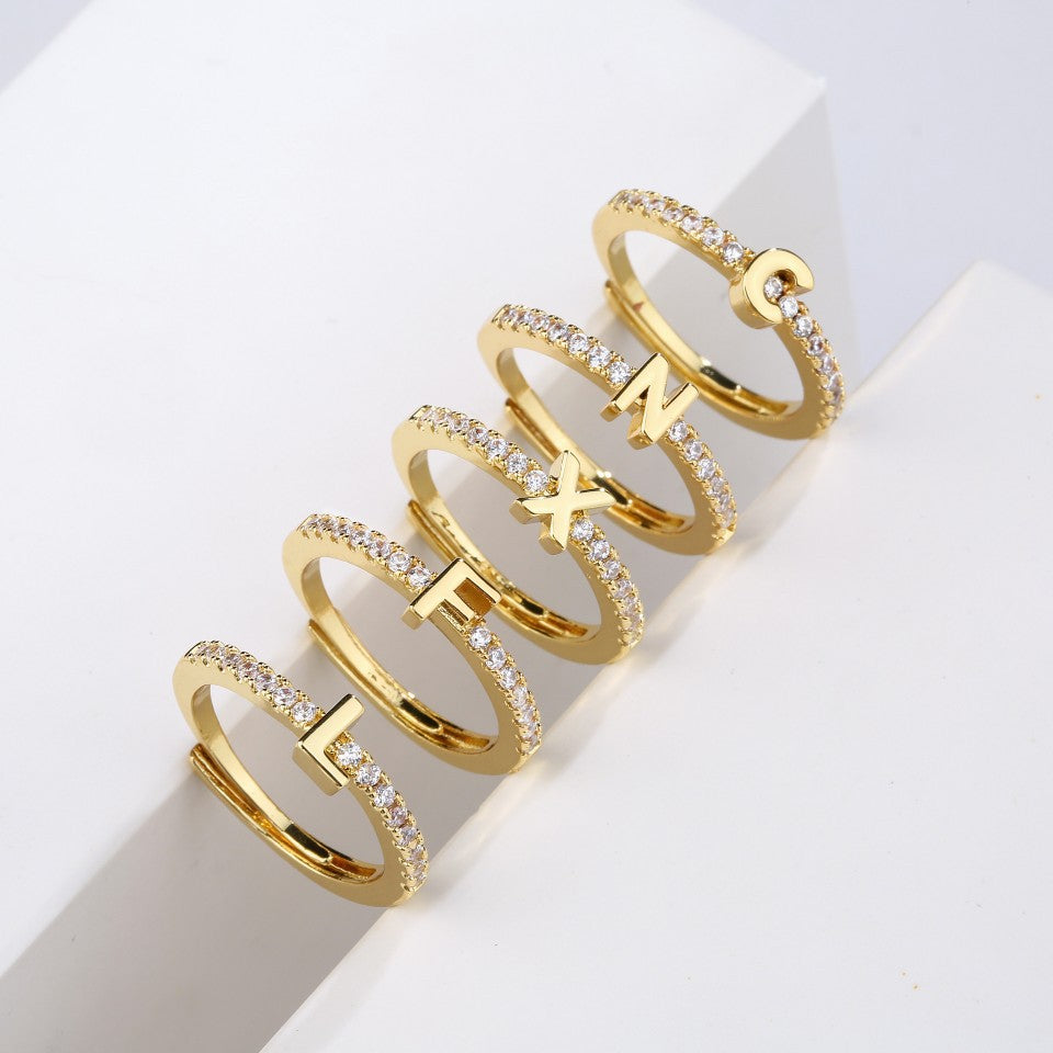 New Micro inlaid Letter Ring 26 English Letter Zircon Index Finger Ring with Adjustable Opening